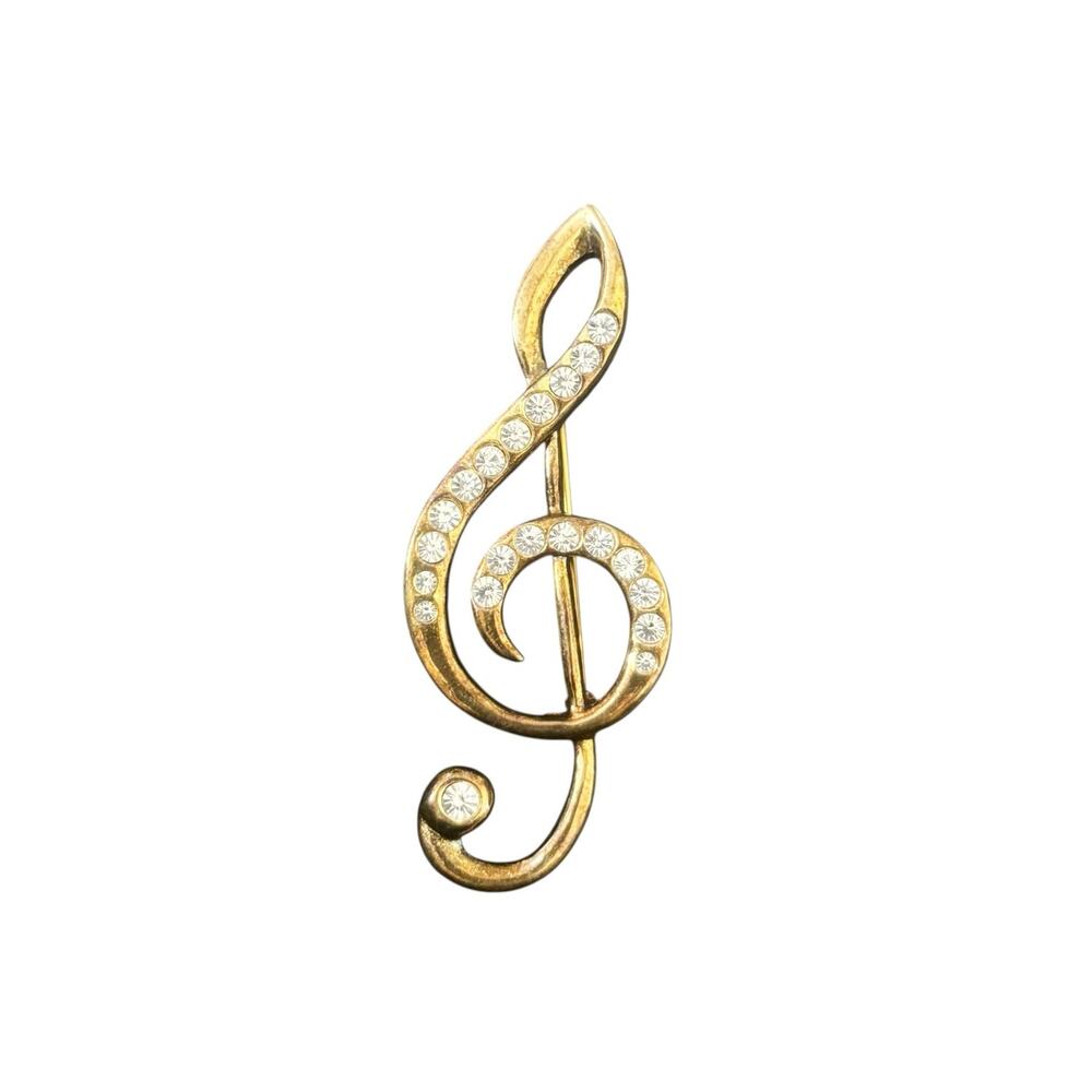 Vintage Treble Clef Gold/Rhinestone Pin Fashion Costume Jewelry